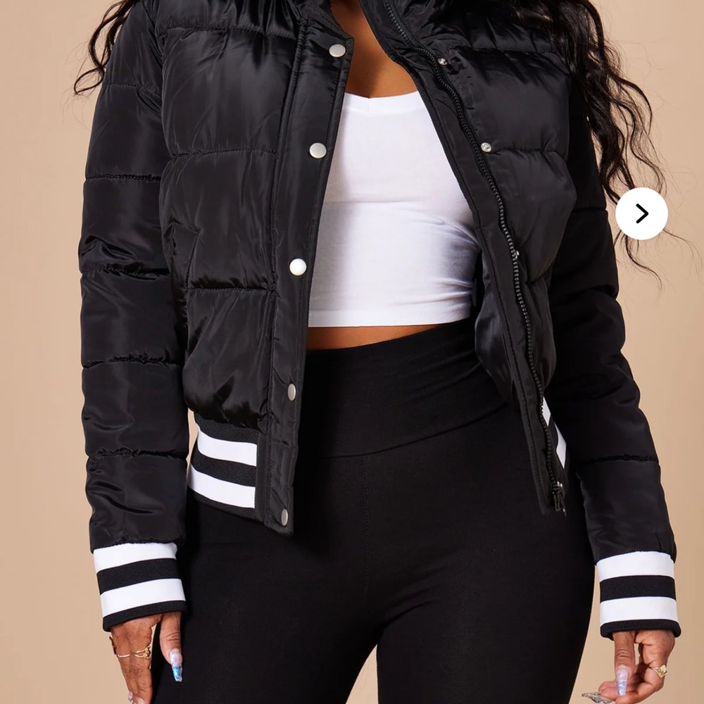 Fashion Nova Black Puffer Jacket with Striped Cuffs